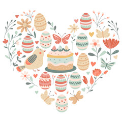 Heart shaped Easter illustration with decorated eggs, flowers, butterflies, birds, easter cake in pastel colors. Perfect for greeting cards, invitations, prints, and holiday decor.