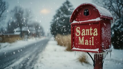 A red mailbox labeled "Santa Mail" overflowing with letters to Santa.