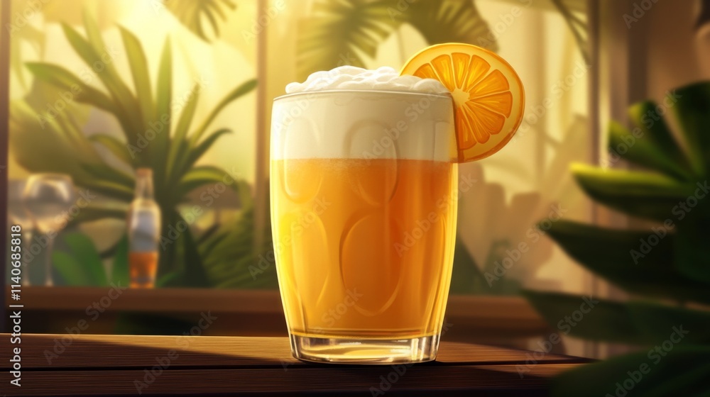 Poster refreshing orange drink with foam in lush tropical setting