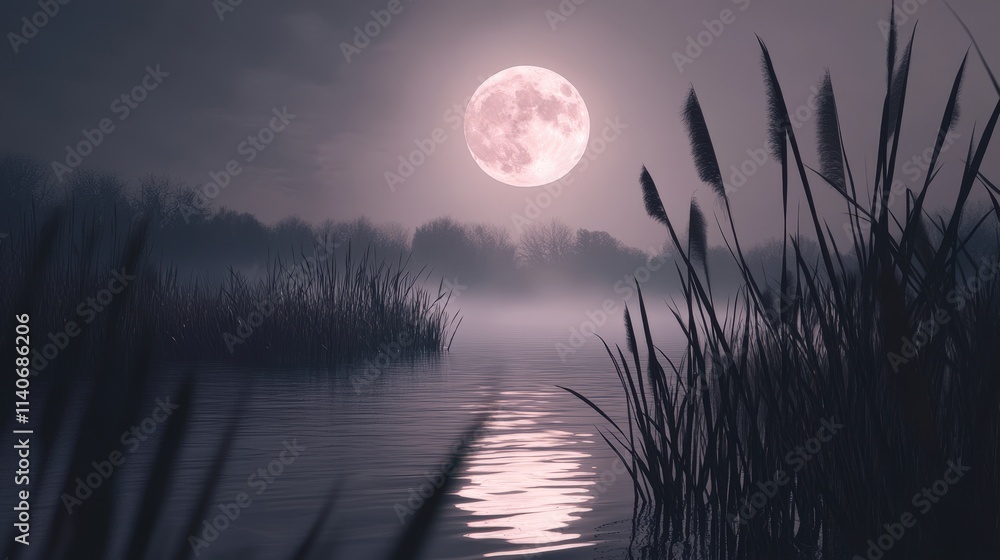 Poster full moon casting a mystical light over a foggy marsh, with reeds and shadows creating an eerie scen