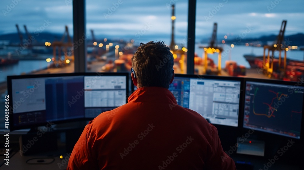 Poster port control operator monitoring shipping activity at night from a tower overlooking a busy harbor.