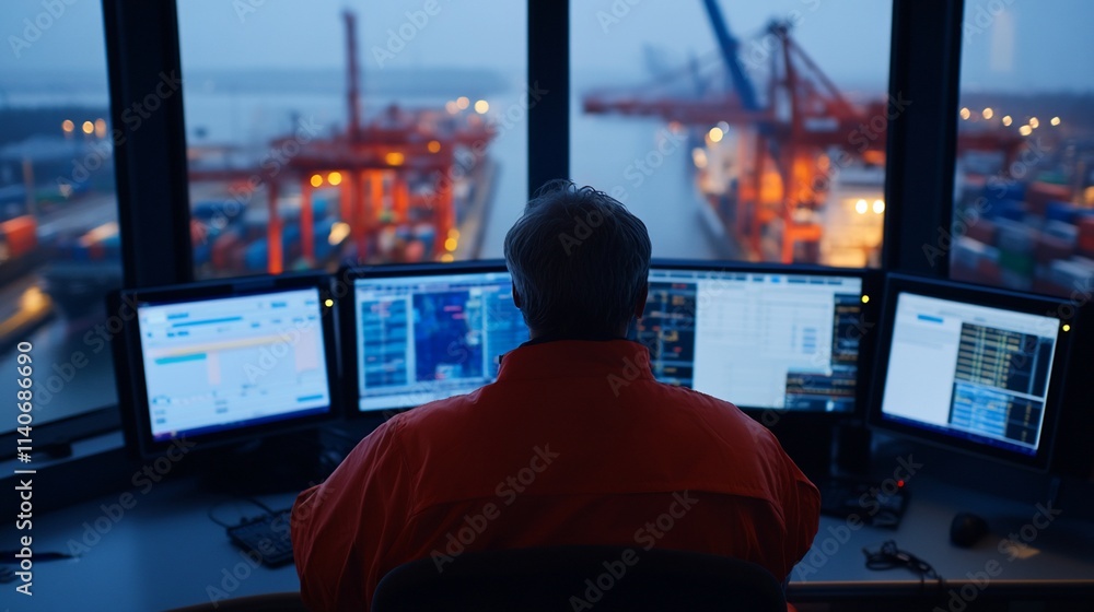 Poster port control operator monitoring cargo operations at night from a high vantage point.