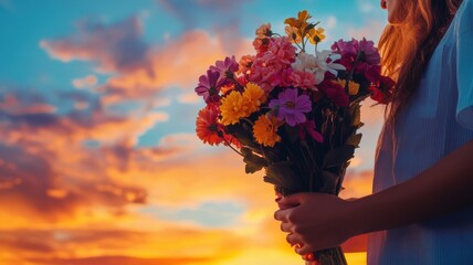 Naklejka premium Romantic couple with bouquet at sunset, symbolizing love and nature's beauty. Valentine's Day