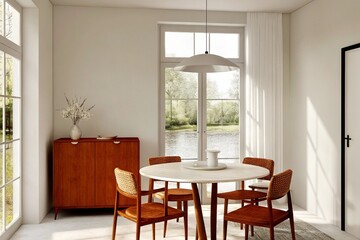 Fototapeta premium light-filled room with a round table, chairs, and a cabinet. Windows look out to a water view.