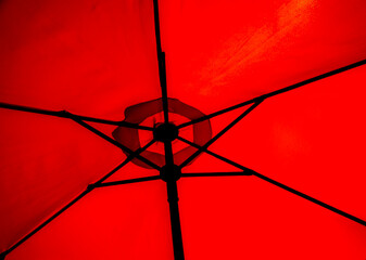 Close view under a red umbrella on a sunny day