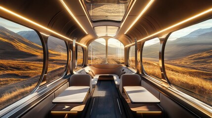 The interior of a high-speed train observation car, with floor-to-ceiling windows offering breathtaking views of the passing terrain