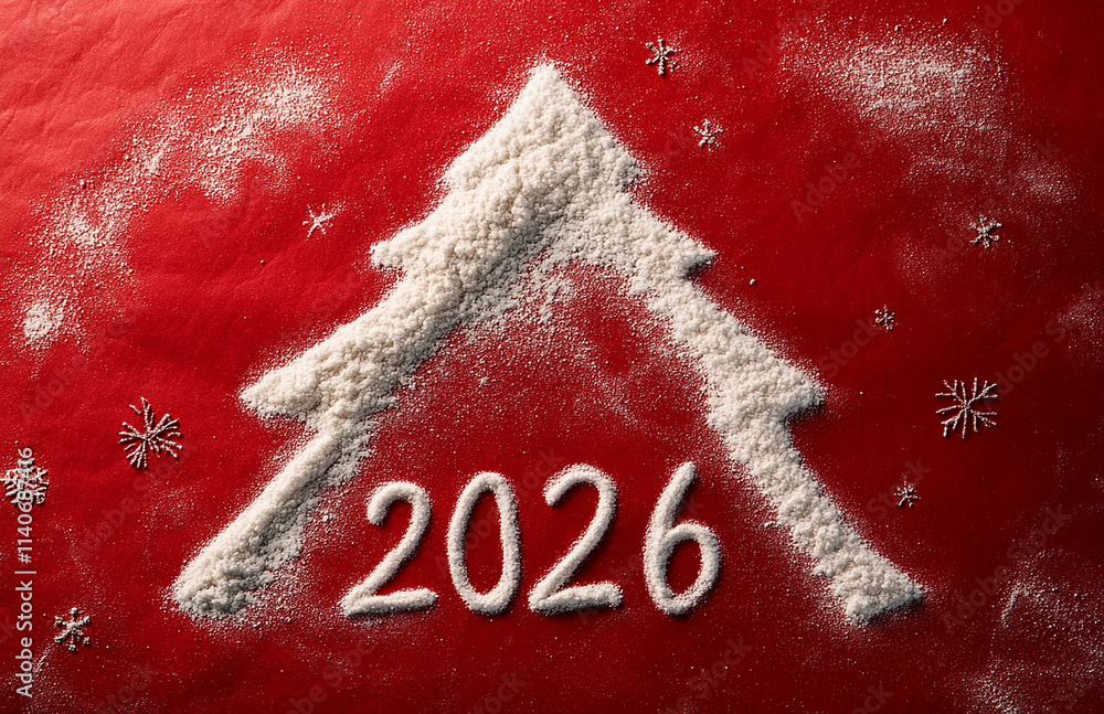 Poster a red background with a christmas tree made of salt and snow. the tree is shaped like a house and th