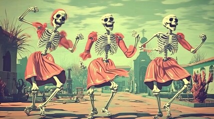 whimsical cartoon skeletons dancing in a colorful graveyard - perfect poster for unique sports room decor!