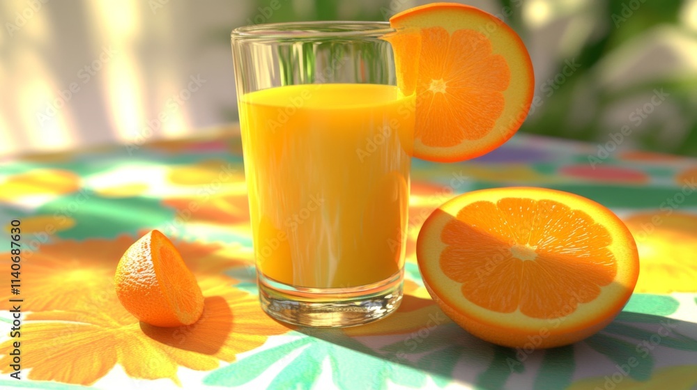 Poster Fresh Orange Juice in Glass with Sliced Oranges on Table