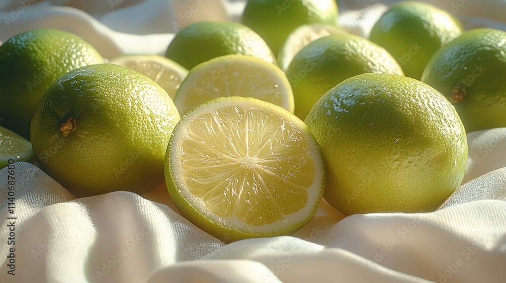 Poster fresh limes and a sliced lime on a soft surface, showcasing their vibrant color and texture.