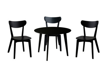 black wooden round table and three chairs isolated on a white background, modern design