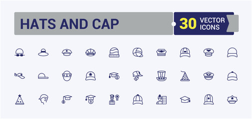 Hats And Cap icons set in linear style. Related to hat, male, fashion, doodle, turban, clothes, cap and more. Minimal icons. Solid line editable vector illustration.