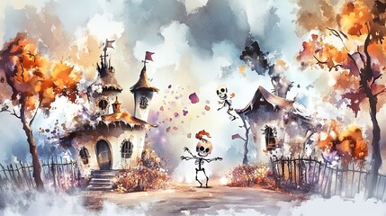 Obraz premium whimsical cartoon skeletons dancing in a colorful graveyard - perfect poster for unique sports room decor!