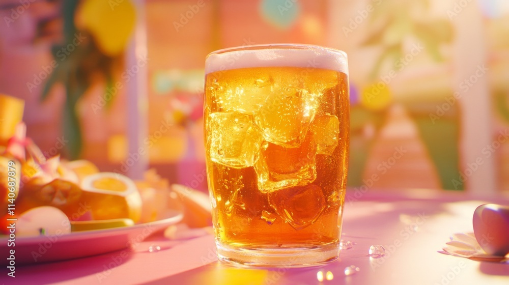 Poster Refreshing Cold Beverage with Ice in Vibrant Summer Setting