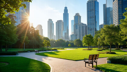 A vibrant urban park with modern skyscrapers in the background. Well-maintained pathways, benches, and lush greenery, bathed in soft morning light