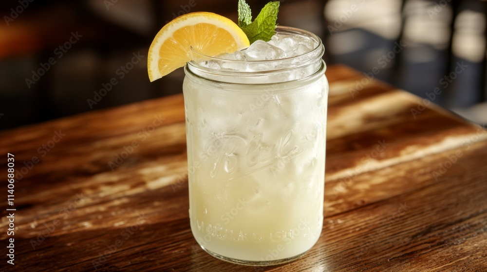 Poster refreshing lemonade with mint in mason jar on wooden table