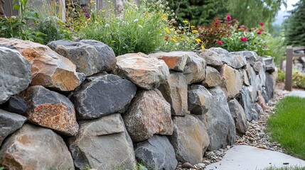 A beautifully arranged stone wall enhancing a garden's beauty.