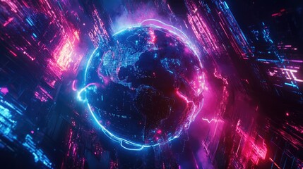 Obraz premium A high-resolution image of a digital globe with dynamic trade connections, glowing neon paths, cyberpunk-inspired, deep blues and purples 