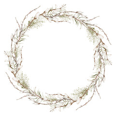 Watercolor holiday wreath with foliage, pine branches. Hand-painted botanical frame with twigs and leaves, isolated on white background. Illustration Forest frame for invitations, greeting cards.