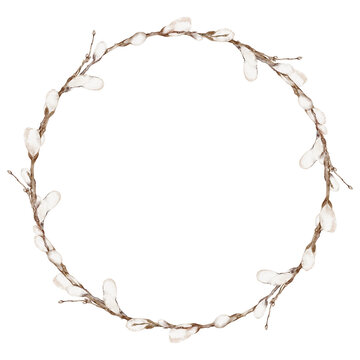 Willow Branch Wreath. Hand-drawn watercolor illustration of a round frame with delicate twigs on a white isolated background. Circular border with natural elements for logos, icons, or greeting cards.