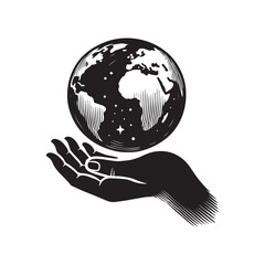 A Hand Holding the Earth Silhouette Vector Illustration, Solid White Background.
