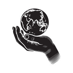 A Hand Holding the Earth Silhouette Vector Illustration, Solid White Background.