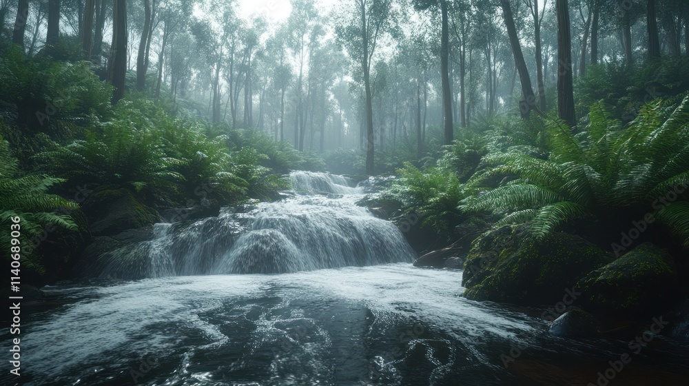 Poster a serene forest scene with a flowing stream and lush greenery in a misty atmosphere.