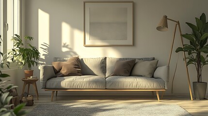 Minimalist living room interior with a grey sofa