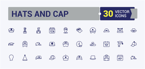 Hats And Cap icons set in linear style. Related to hat, male, fashion, doodle, turban, clothes, cap and more. Minimal icons. Solid line editable vector illustration.