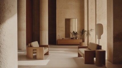 Warm minimalist interior with wood furniture and columns.