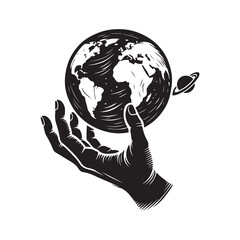 A Hand Holding the Earth Silhouette Vector Illustration, Solid White Background.