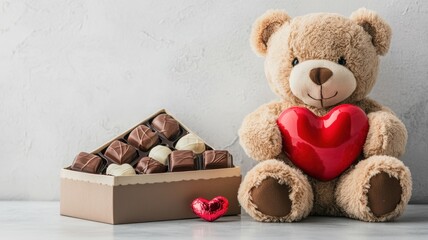 Classic Valentine's gift with teddy bear, chocolates, and red heart display. Valentine's Day