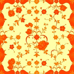 Orange Floral Pattern: A delicate and vibrant floral pattern, featuring intricate orange blossoms and graceful vines, seamlessly repeats across a soft, pastel yellow background.