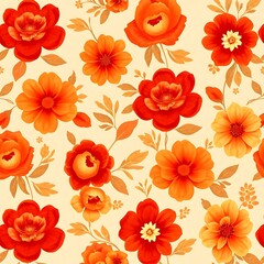 Obraz premium Orange Floral Seamless Pattern: A vibrant, cheerful pattern featuring a seamless design of various orange flowers. The design is perfect for adding a touch of color and life to any project. 