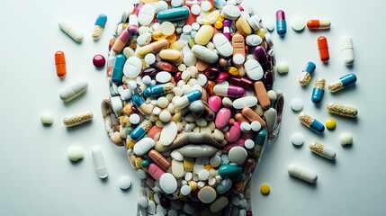 A human head covered with colorful pills representing addiction.
