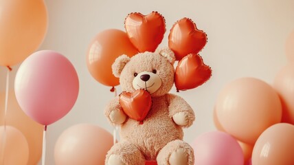 Teddy bear with heart-shaped balloons, festive Valentine's Day backdrop. Valentine's Day