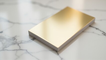 Fototapeta premium A sleek, reflective gold bar resting on a marble surface with delicate veining, exuding luxury and elegance in a minimalist setting. Generative, AI,