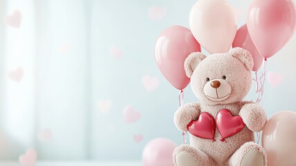 Obraz premium Romantic Valentine's display, teddy bear and heart balloons against festive decor. Valentine's Day
