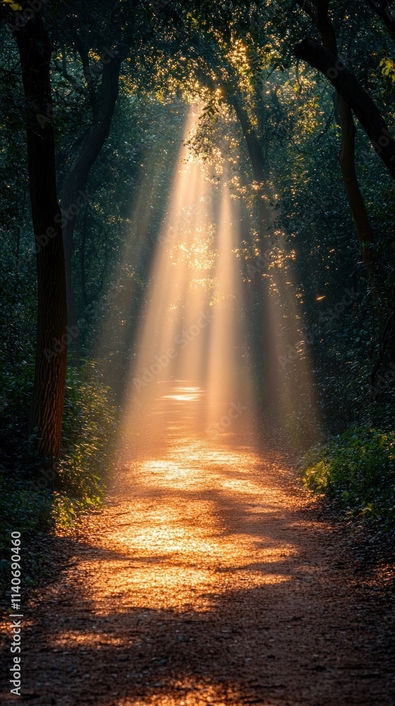 Aufkleber a serene forest path illuminated by sunlight filtering through the trees.