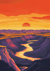 Vibrant travel poster of Badlands sunset with hills, glossy black rocks, and a river.