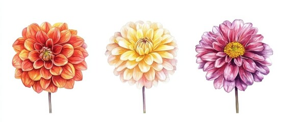 Three detailed watercolor illustrations of dahlia flowers in orange, cream, and pink colors, showing their characteristic layered petals and rounded forms against a white background. Generative AI
