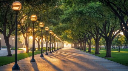 Obraz premium Serene Tree-Lined Pathway with Soft Lighting at Dawn