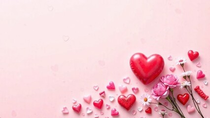 Fototapeta premium Hearts and flowers on a white background, top view, layout for a card for Valentine's Day, Mother's Day, weddings, place for text