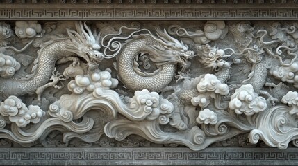 Majestic dragons in intricate stone relief ancient temple artistic sculpture serene environment close-up view cultural heritage