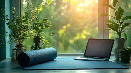 Yoga mat, laptop, plants near window.