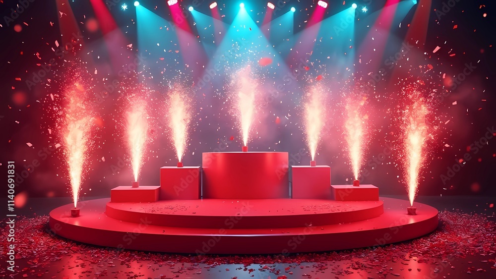 Poster a vibrant red background featuring colorful fireworks above a podium, creating a festive atmosphere,
