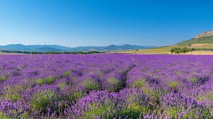 Naklejka premium purple flowers under blue sky, Lavender field in full bloom, summer landscape, layout design, Generative AI