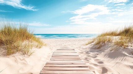 A serene wooden path through sandy dunes leading to a tranquil beach.