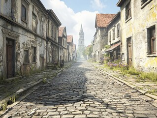 Fototapeta premium A deserted cobblestone street lined with dilapidated buildings and a church tower.