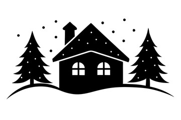 Fototapeta premium A cozy house with winter wonderland vector silhouette with snow covered background